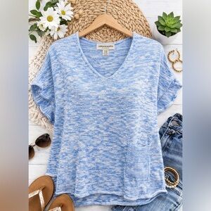 Cotton Country Parkhurst Oversized Sweater S/M Blue Marled Knit Boxy Pocket Top